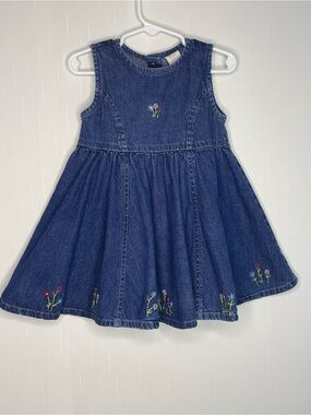 Vintage Baby Gap Denim Jean Dress Embroidered Floral Wildflowers 18-24 Months XL
